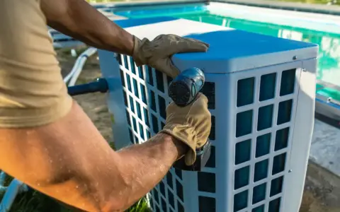 Installazione di un sistema per riscaldare acqua piscina fai da te. Un uomo con guanti avvita un componente.