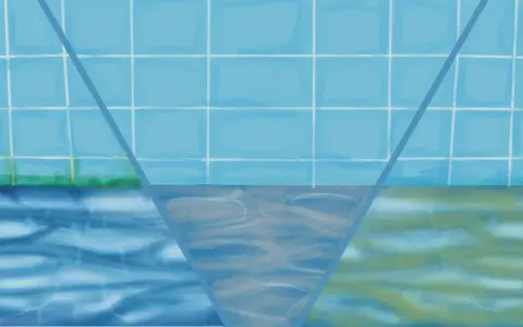 Acqua di piscina con riflessi luminosi, suggerendo l'evaporazione. Le piastrelle blu e il verde dell'erba creano un'atmosfera estiva.