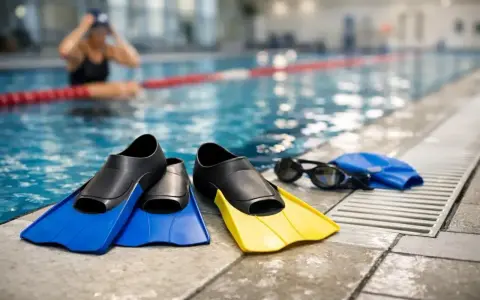 Pinne corte blu e gialle, occhialini e cuffia da piscina pronti per un allenamento.