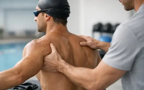 Un terapista massaggia la spalla del nuotatore bagnato, concentrandosi sulla zona muscolosa per alleviare la tensione.