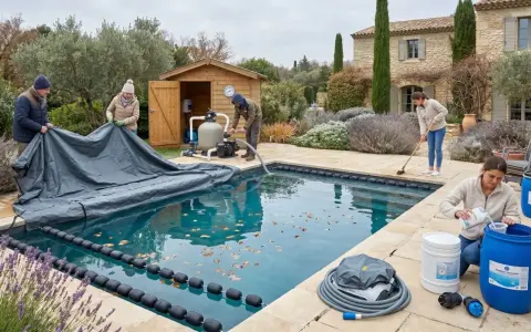 Famiglia prepara la piscina per la chiusura invernale: stendono la copertura, puliscono e aggiungono prodotti.