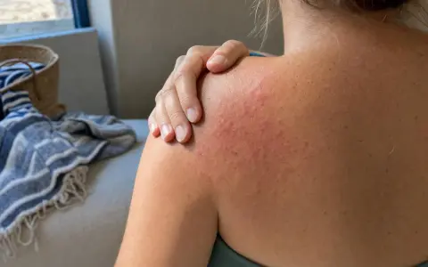 Spalla arrossata e irritata, con piccoli brufoli rossi, che indica prurito dopo piscina.