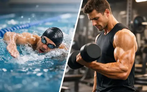 Nuotatore in piscina e uomo che solleva pesi in palestra: allenamento completo per il nuoto.
