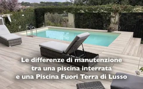 Piscina fuori terra di lusso e lettini prendisole su un deck di legno. Scopri quanto costa mantenere una piscina.