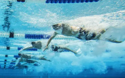 Nuotatori in azione, un allenamento nuoto principianti che mostra la determinazione e la tecnica sotto il pelo dell'acqua.