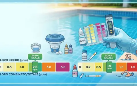 Test del cloro in piscina: la mano guantata mostra un tester digitale con 1.5 ppm, indicando la zona ideale per il cloro libero e combinato.