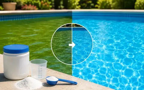Piscina con acqua verde trasformata in cristallina. Prodotti per il trattamento dell'acqua in primo piano.