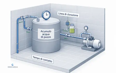 Sistema di clorazione con accumulo acqua di pozzo. Il cloro evapora a temperatura ambiente, garantendo il tempo di contatto necessario.