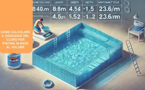 Calcolo cloro totale piscina valori: un uomo pesa cloro granulare per la piscina, con indicazioni su volume, lunghezza, larghezza e dose di mantenimento.