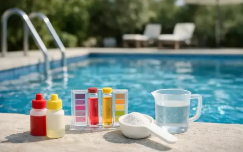 Kit per testare l'acqua della piscina: reagenti, provette colorate e misurino con polvere bianca. L'acqua limpida della piscina suggerisce un controllo per evitare acqua ph alto.