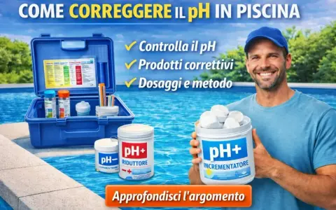 Uomo sorridente con kit per il controllo del pH e prodotti per piscine. Impara come correggere il pH in piscina per un'acqua perfetta.