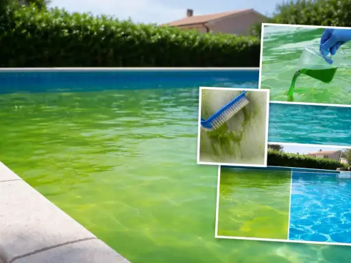 Piscina verde e torbida, con spazzola che pulisce le alghe e prodotto chimico versato. Troppo antialghe in piscina, ma il risultato finale è un'acqua cristallina.