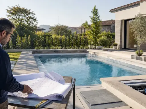 Uomo con occhiali studia progetto per capire come costruire una piscina interrata. Piscina moderna e giardino curato.