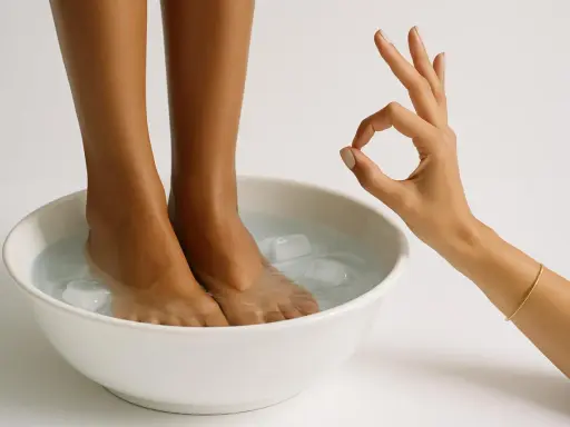 Piedi immersi in una ciotola con acqua fredda e cubetti di ghiaccio, un gesto con la mano indica che il **shock termico acqua fredda** è perfetto per un sollievo immediato.