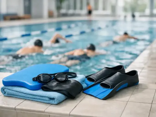 Attrezzatura da nuoto: cuffia, occhialini, tavoletta, pinne e asciugamano, pronti per il programma nuoto in piscina con nuotatori sullo sfondo.