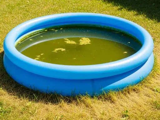 Piscina gonfiabile blu su prato con acqua verde e alghe. È ora di chiedersi ogni quanto cambiare acqua piscina gonfiabile per evitare questo.