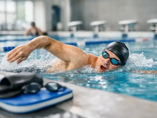 Atleta di nuoto master in azione, con bracciata potente e sguardo concentrato. La piscina è il suo regno.
