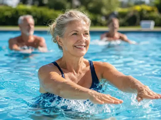 Donna sorridente fa esercizi da fare in piscina con altre persone sullo sfondo.