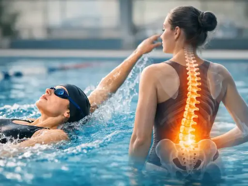 Nuoto 2 volte a settimana benefici: una donna nuota mentre un'immagine della colonna vertebrale evidenzia i benefici per la schiena.