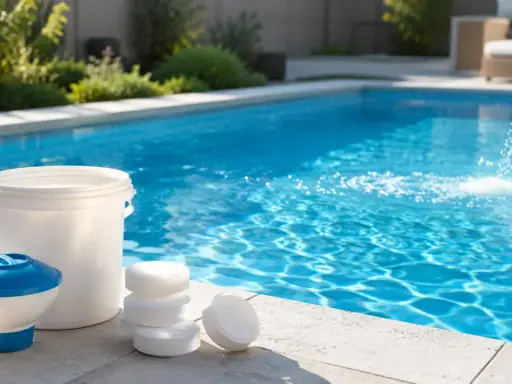 Prodotti per la piscina e un secchio blu che versa granuli nell'acqua. Mantenere l'alcalinità dell'acqua è fondamentale per il benessere della piscina.