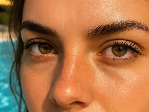 Occhi con lenti a contatto che riflettono il sole della piscina.