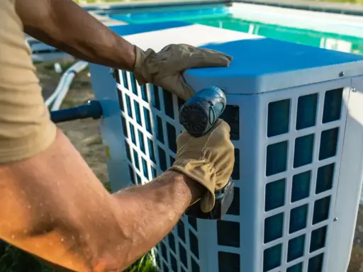 Installazione di un sistema per riscaldare acqua piscina fai da te. Un uomo con guanti avvita un componente.