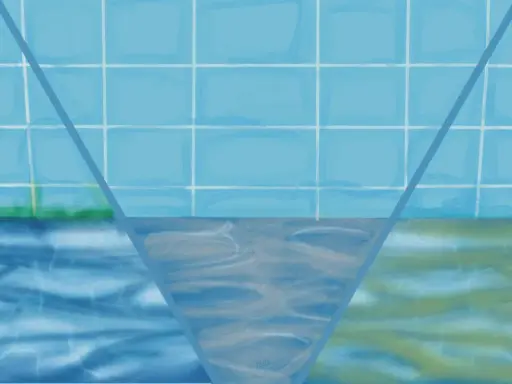 Acqua di piscina con riflessi luminosi, suggerendo l'evaporazione. Le piastrelle blu e il verde dell'erba creano un'atmosfera estiva.