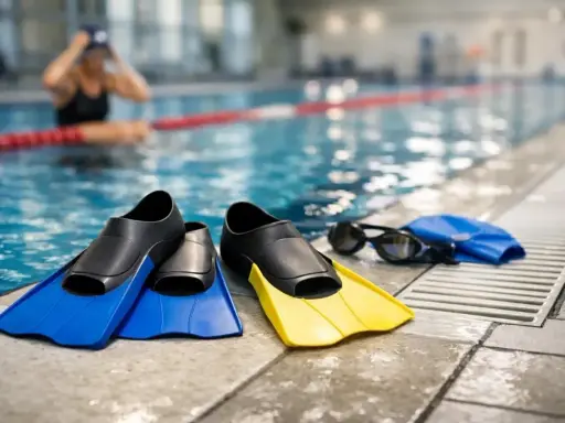Pinne corte blu e gialle, occhialini e cuffia da piscina pronti per un allenamento.