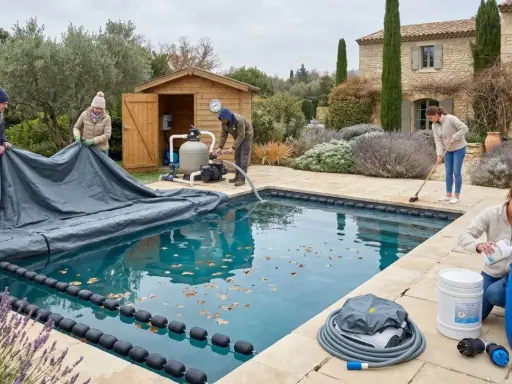 Famiglia prepara la piscina per la chiusura invernale: stendono la copertura, puliscono e aggiungono prodotti.