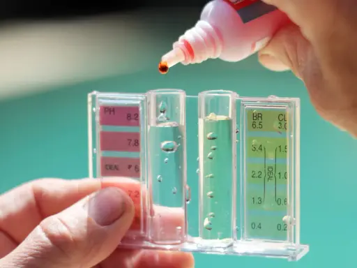 Controllo del pH della piscina: una goccia di reagente cade nel tester per misurare i livelli.