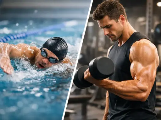 Nuotatore in piscina e uomo che solleva pesi in palestra: allenamento completo per il nuoto.