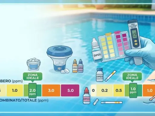 Test del cloro in piscina: la mano guantata mostra un tester digitale con 1.5 ppm, indicando la zona ideale per il cloro libero e combinato.