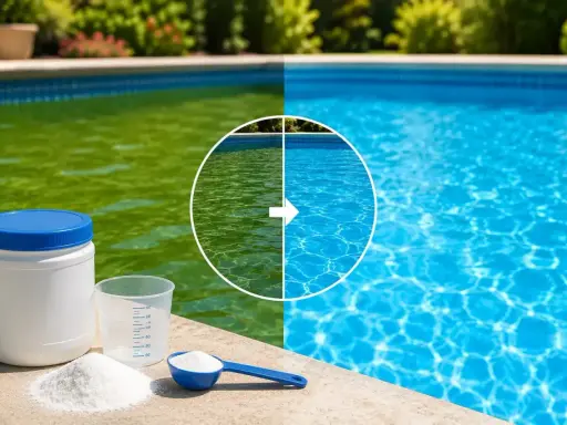 Piscina con acqua verde trasformata in cristallina. Prodotti per il trattamento dell'acqua in primo piano.