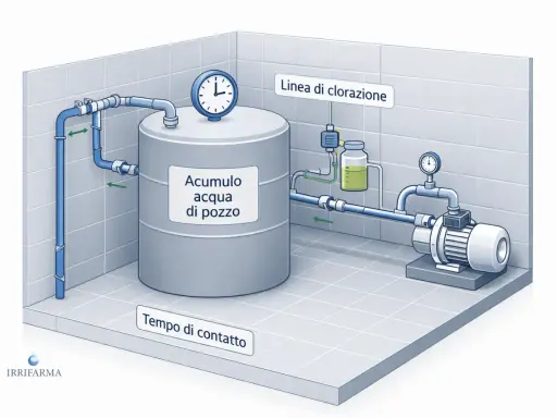 Sistema di clorazione con accumulo acqua di pozzo. Il cloro evapora a temperatura ambiente, garantendo il tempo di contatto necessario.