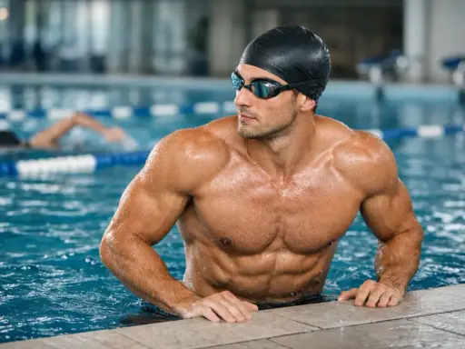 Atleta muscoloso in piscina, con cuffia e occhialini. Il nuoto fa crescere in altezza, scolpendo il corpo e migliorando la postura.