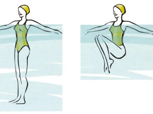 Esercizi di acquagym per dimagrire la pancia: una donna in piedi e poi seduta in acqua, con braccia aperte.