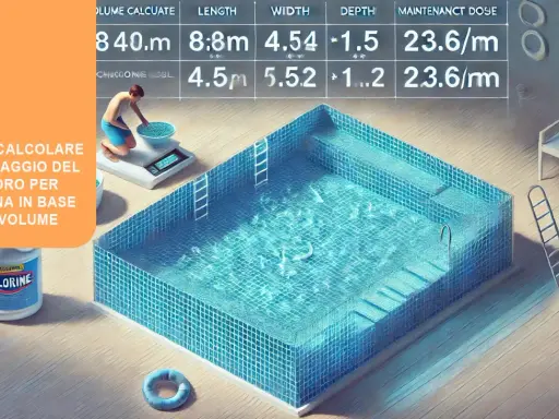Calcolo cloro totale piscina valori: un uomo pesa cloro granulare per la piscina, con indicazioni su volume, lunghezza, larghezza e dose di mantenimento.