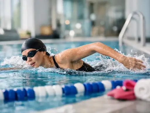 Donna nuota in piscina, bruciando calorie. Allenamento intenso per 30 vasche nuoto calorie.