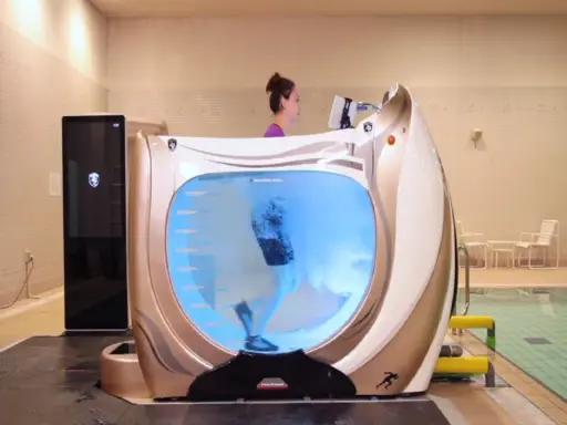 Donna corre su un tapis roulant in acqua, un modo efficace per dimagrire e tonificare il corpo.
