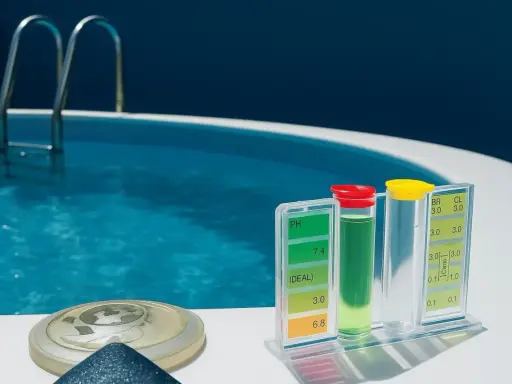 Kit per testare l'acqua della piscina. Il livello di cloro e pH è ideale, ma l'acqua della piscina appare torbida.