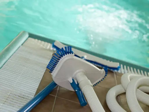 Accessori per piscina: aspiratore, spazzole e tubo. Pronti per capire come pulire una piscina molto sporca e renderla cristallina.