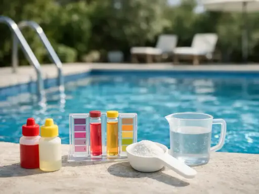 Kit per testare l'acqua della piscina: reagenti, provette colorate e misurino con polvere bianca. L'acqua limpida della piscina suggerisce un controllo per evitare acqua ph alto.