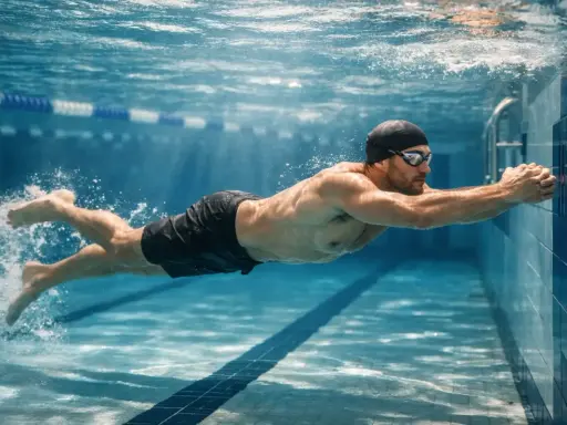 Uomo in posa subacquea, con addominali scolpiti, pronto per il nuoto.
