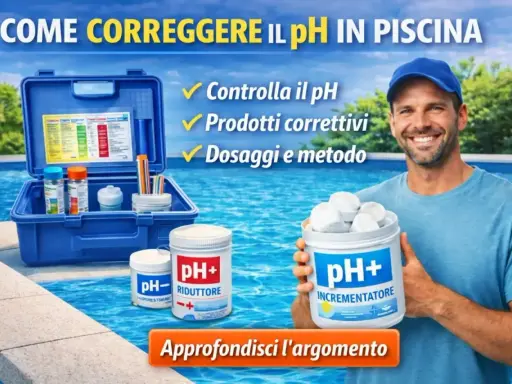 Uomo sorridente con kit per il controllo del pH e prodotti per piscine. Impara come correggere il pH in piscina per un'acqua perfetta.