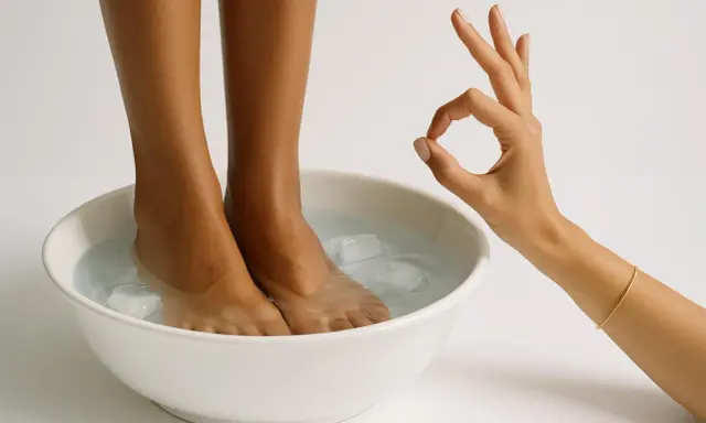 Piedi immersi in una ciotola con acqua fredda e cubetti di ghiaccio, un gesto con la mano indica che il **shock termico acqua fredda** è perfetto per un sollievo immediato.