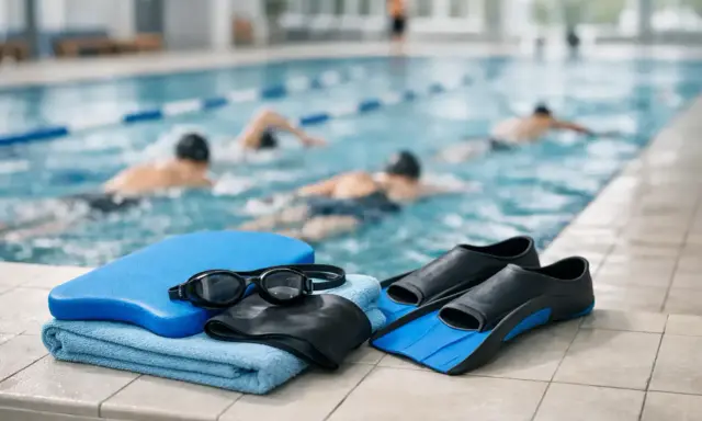 Attrezzatura da nuoto: cuffia, occhialini, tavoletta, pinne e asciugamano, pronti per il programma nuoto in piscina con nuotatori sullo sfondo.