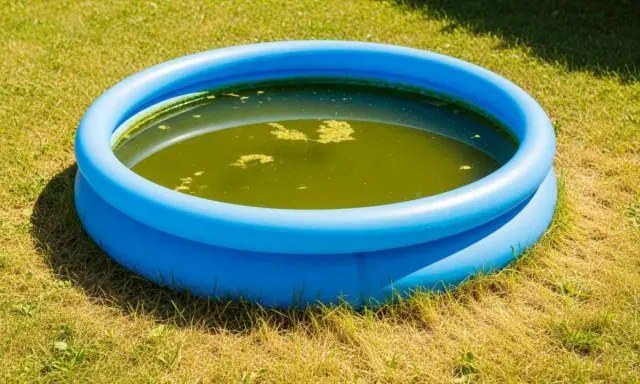 Piscina gonfiabile blu su prato con acqua verde e alghe. È ora di chiedersi ogni quanto cambiare acqua piscina gonfiabile per evitare questo.