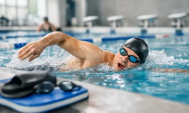 Atleta di nuoto master in azione, con bracciata potente e sguardo concentrato. La piscina è il suo regno.