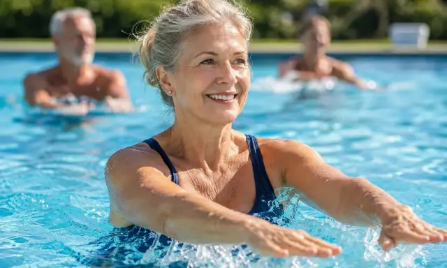 Donna sorridente fa esercizi da fare in piscina con altre persone sullo sfondo.