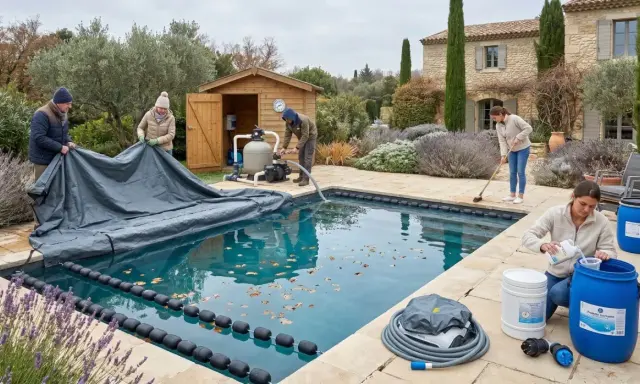 Famiglia prepara la piscina per la chiusura invernale: stendono la copertura, puliscono e aggiungono prodotti.